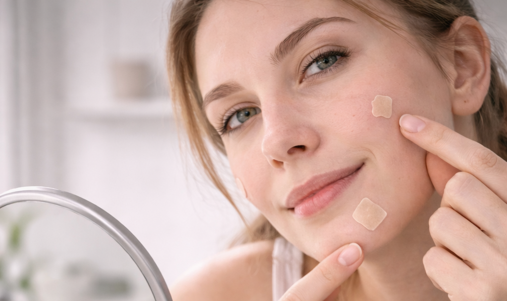 Woman applying adhesive bandage to her face with a mirror and bandage roll on a table.